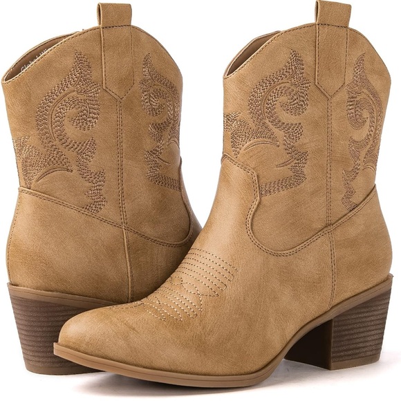 Tan Western-style Ankle Boots with Decorative Stitching and Pull Tab - Picture 1 of 5